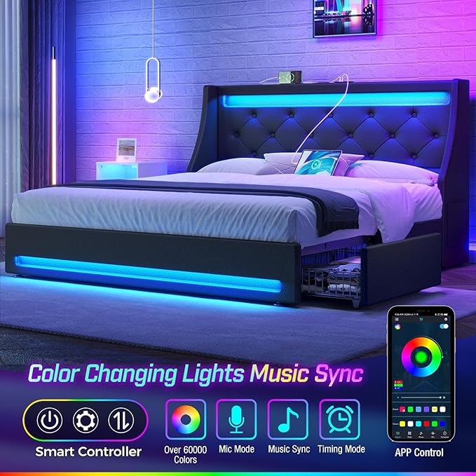 Rolanstar Twin Bed Frame with LED Lights and Charging Station, PU Leather Bed with Drawers, Wooden Slats, Noise Free, Easy Assembly, Black