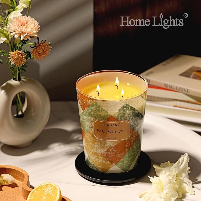 HomeLights Large jar Candle | 3-Wick Long-Lasting Scented Candles, 34oz Natural Soy Wax Candle for Home Scented, Rustic Modern Gifts for Women & Men, Fall Wreath