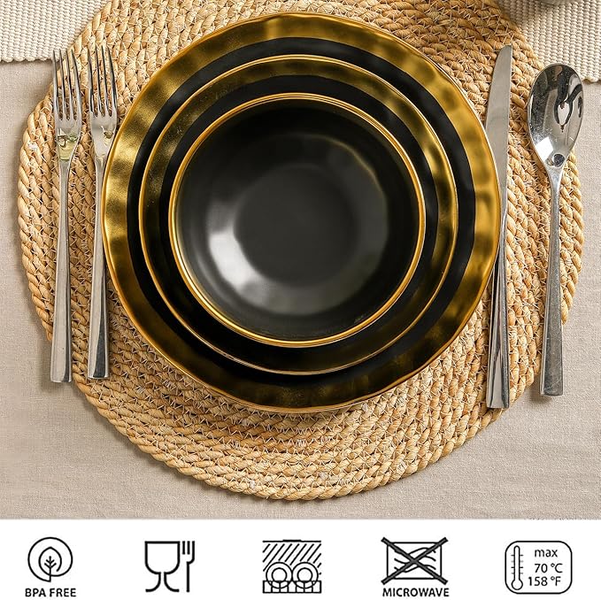 vicrays Ceramic Salad Bowls Set for Kitchen, Serving - 24 Ounce Soup Bowls, Pasta Bowls, Chip Resistant, Dishwasher Safe, NOT Microwave Safe, Fluted, Stoneware, Set of 6 (Black with Golden)