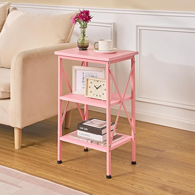 VECELO End Table Set of 2, Bedside Table, 24" Tall Living Room End Tables, X-Design Reinforced Nightstands, Side Table with 3-Tier Storage Shelves for Small Spaces, Office, Bedroom, Pink