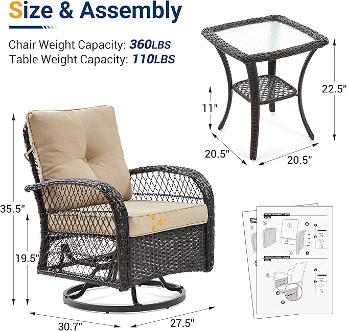 UDPATIO 3 Pieces Patio Furniture Set, Outdoor Swivel Rocker Patio Chairs Set of 2, All-Weather PE Wicker Glider Chairs with Thick Cushions and Glass Coffee Table,for Porch Deck Backyard Khaki