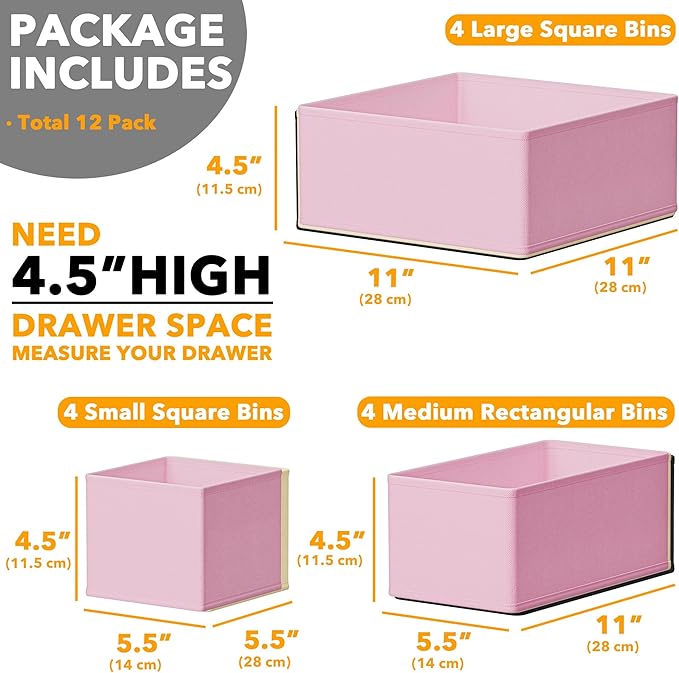 SpaceAid Drawer Organizer Clothes, 12 Pack Dresser Organizer Bins for Nursery, Closet Organization and Storage Dividers for Clothing, Baby Clothes, Underwears, Socks (Pink)