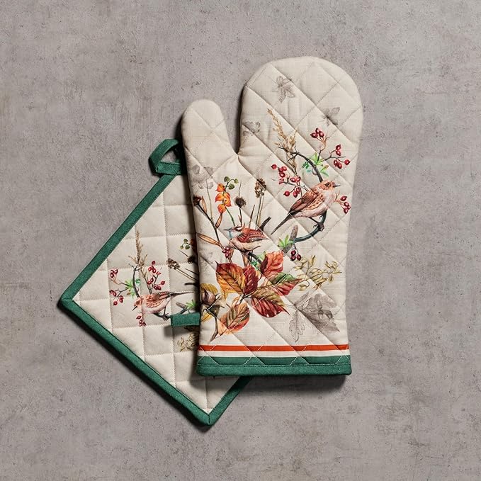 Maison d' Hermine 100% Cotton Oven Mitt & Pot Holder Set (7.5"x13" & 8"x8") Heat Resistant BBQ Cooking Gloves with Loop for Thanksgiving Christmas Decorations Handling Hot Pans (Recolte)