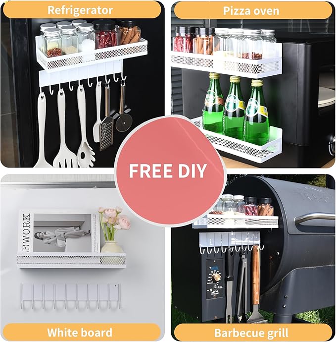 3-Pack Magnetic Spice Rack for Refrigerator, Moveable Shelf with 10 Hooks, Fridge Organizer for Kitchen Storage, White