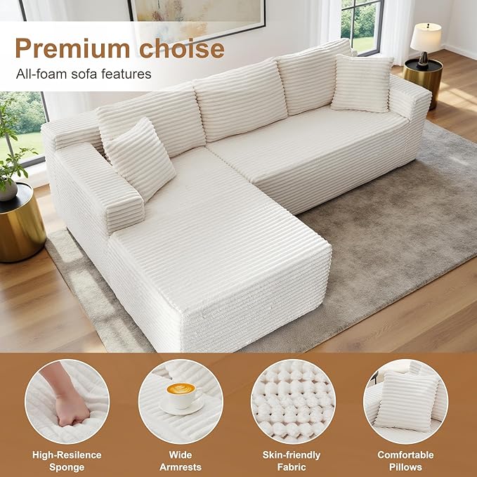 105''Sectional Cloud Couch with L Shaped Chaise,Modern Modular Sectional Sofa,Comfy Sectional Couches for Living Room,Bedroom,Apartment (White, Left Facing Chaise)