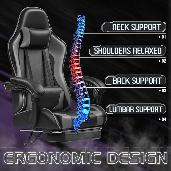 Homall Gaming Chair, Video Game Chair with Footrest and Massage Lumbar Support, Ergonomic Computer Chair Height Adjustable with Swivel Seat and Headrest (Grey)
