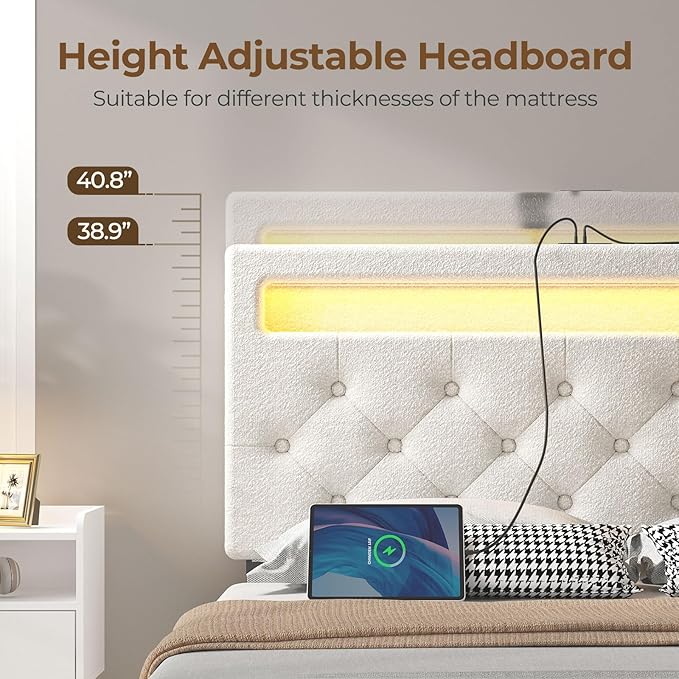 Rolanstar Twin Bed Frame with Charging Station and LED Lights, Upholstered Bed with Adjustable Headboard and 4 Storage Drawers, No Box Spring Needed, Easy Assembly, White