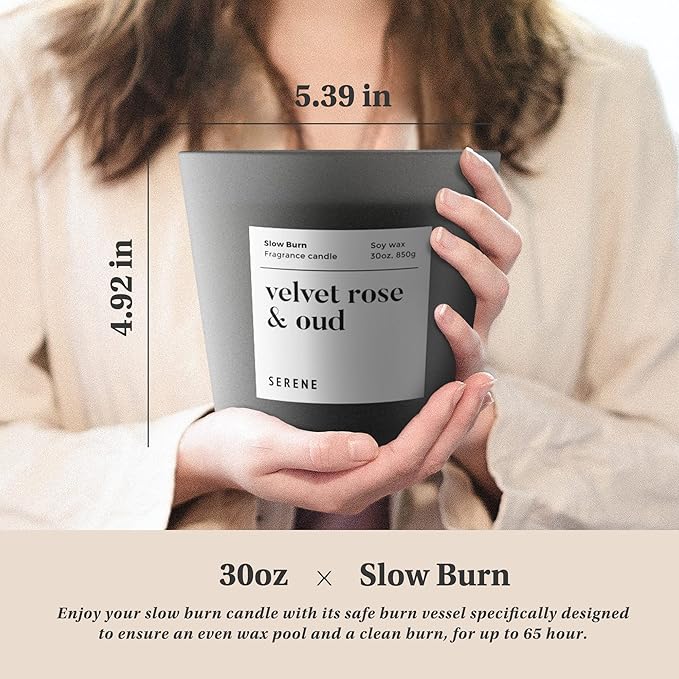 Hidden Label Large Scented Candle, Velvet Rose & Oud, 30oz 3 Wick Huge Candle, Serene Collection Slow Burn Natural Soy Candles for Home Scented