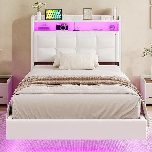Twin Size Floating Bed Frame with Tufted Storage Headboard, LED Upholstered Platform Bed with 4 Charging Ports, White Pu Leather Floating Bed, Wood Slats, No Box Spring Needed