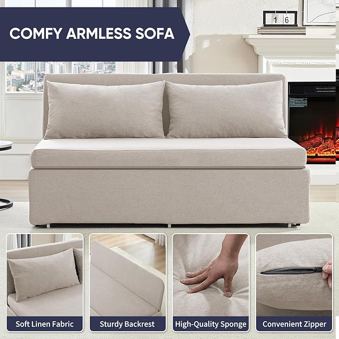 Queen Size Sofa Bed, Pull Out Sofa Bed with Cushions & Throw Pillows, Linen Couch Beds, Modern Convertible Sleeper Sofas Beds, Loveseat for Living Room for Small Spaces - Beige