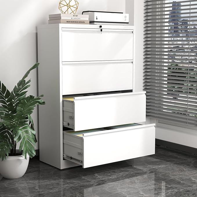 Metal Lateral File Cabinets with Lock,4 Drawer Filing Cabinets for Home Office,Storage Cabinets for Hanging Files Letter/Legal/F4/A4 (White)