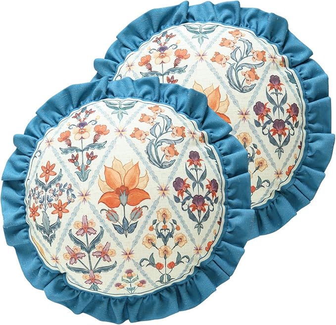 Design Round Linen Throw Pillow Covers Diameter 16" Pack of 2, Blue Country Cushion Covers with Colorful Wildflower Pattern Decor Pillowcases for Bed,Living Room,Outdoor,Car