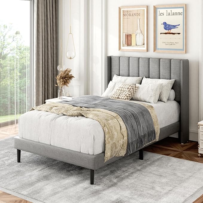 Twin Bed Frames with Wingback Headboard, Upholstered Platform Beds, No Box Spring Needed Sturdy Wooden Slat Support, Easy Assemble, Light Gray