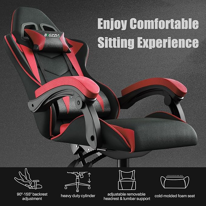 Gaming Chair High Back, Ergonomic Computer Gamer Chair with Headrest and Lumbar Support, Racing Style Reclining Game Chair for Adults, Kids (Red-Black)