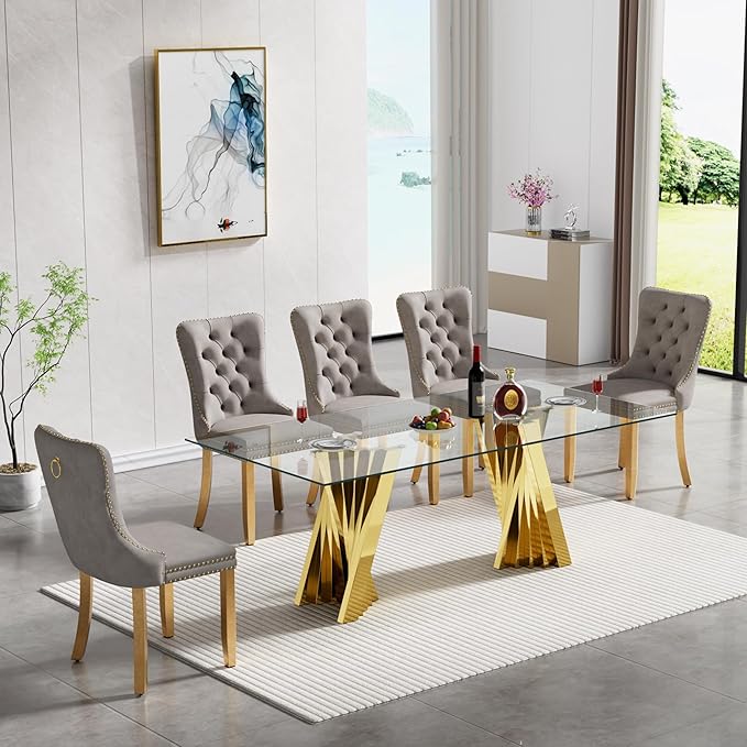 Goujxcy Modern 7 Piece Glass Dining Table Set Luxury Glass Kitchen Table and Chair Set for 6, 70" Large Rectangular Dining Room Table with 6 Tufted Chairs and Stainless Steel Legs (Gold & Grey)