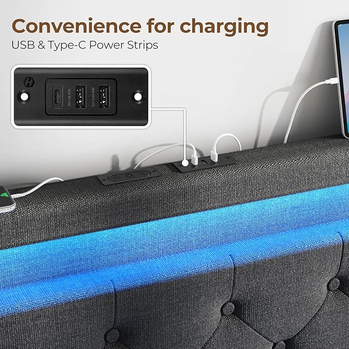 Rolanstar Full Size Bed Frame with Charging Station and LED Lights, Upholstered Bed with Adjustable Headboard and 4 Storage Drawers, No Box Spring Needed, Easy Assembly, Dark Gray