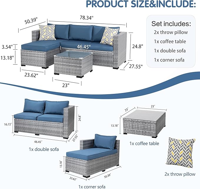 Shintenchi Patio Furniture Sets 3 Pieces Outdoor Sectional Sofa Silver All-Weather Rattan Wicker Sofa Small Patio Conversation Couch with Washable Cushion and Glass Table(Aegean Blue)
