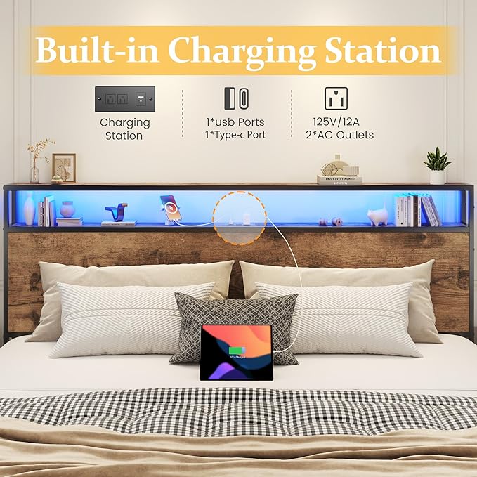 Lifezone Queen Bed Frame with 2-Tier Storage Headboard, Metal Platform Bed Frame with 4 Storage Drawers, Built in Charging Station & LED, Noise-Free/Metal Support/No Box Spring Needed, Rustic Brown