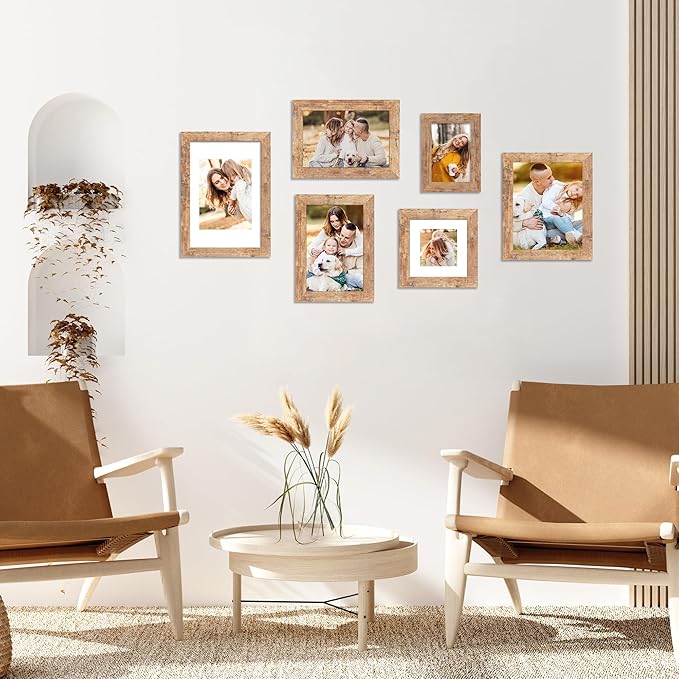 6x9 Picture Frame Set of 4, High Definition Real Glass Rustic Brown Frame, 6 x 9 Photo Frames for Tabletop Display and Wall Mounting
