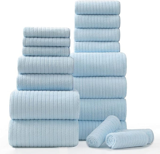 18 Piece Bath Towels Set,Super Soft Family Bathroom Towel Set with Hanging Loops-6 Bath Towels,6 Hand Towels,6 Washcloths,Highly Absorbent Quick Dry Shower Towel for Bathroom,Hotel,Spa-Blue Towel Set