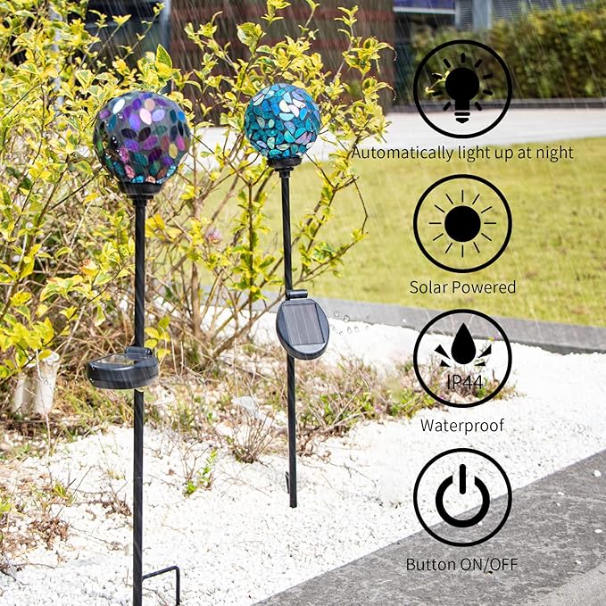 VCUTEKA Solar Garden Decorative Lights Outdoor, Mosaic Solar Light Waterproof LED Pathway Stake Light for Landscape Patio Yard Deck Walkway Decoration, 2 Pack (Blue&Purple)