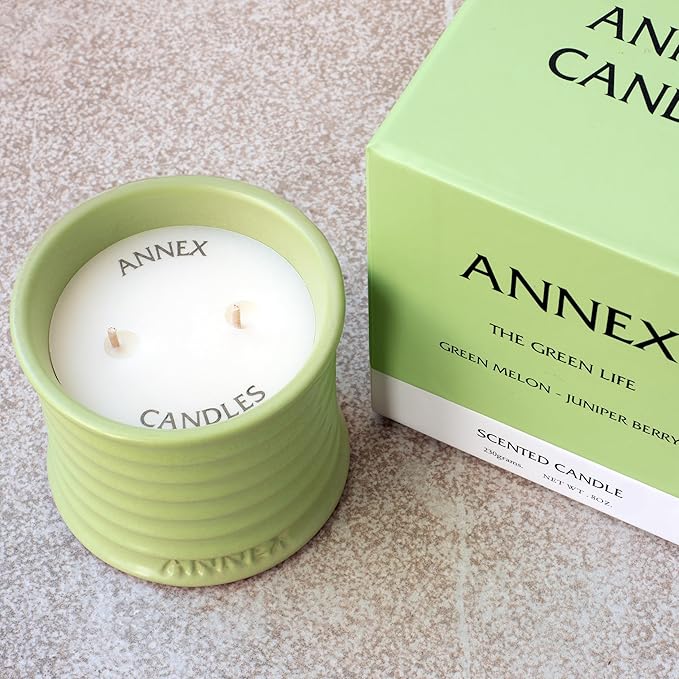 Scented Luxury Candles Outdoor Mosquito Bug Repellent Ceramic Jars, Soy Wax | The Green Life, Large Natural Candle - Green Melon & Peppermint | Non Toxic, 2 Wicks, Reusable Jar