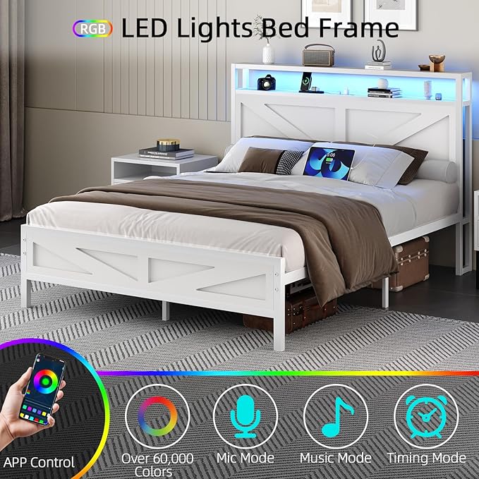 Full Size Bed Frame with LED Lights and Charging Station, Metal Platform Bed Frame Full with Storage and Rustic Barn Door Headboard, Noise Free, No Box Spring Needed, Easy Assembly, White