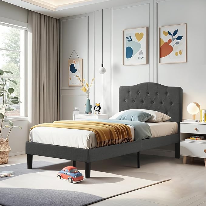 VECELO Twin Size Bed Frame Upholstered Platform with Tufted Adjustable Headboard/Mattress Foundation with Wood Slat Support, Easy Assembly,Grey