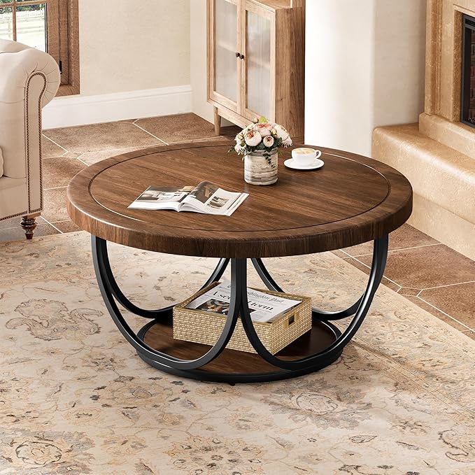 Tribesigns Round Coffee Table with 2 Tiers, 35.4" Wooden Circle Accent Cocktail Table with Storage Shelf and Metal Frame, Industrial Center Tables for Living Room, Brown & Black