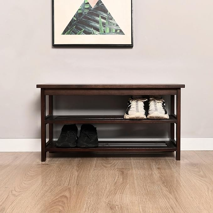 CONSDAN Wood Shoe Bench Rack, USA Grown Hickory, Entryway Bench with Shoe Storage, Mud Room Bathroom, Front Door, Outdoor/Indoor, Dark Walnut(Black)