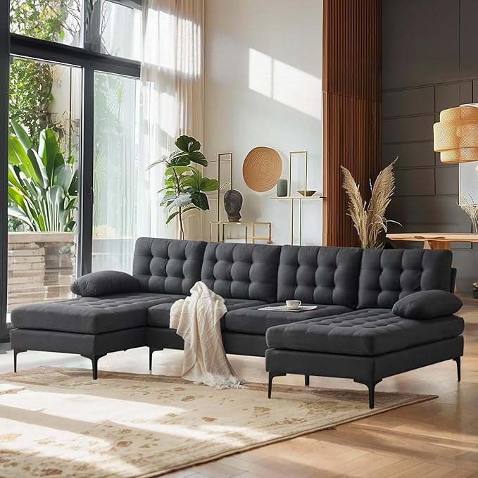 VINGLI 110" Modern U Shaped Sectional Sofa Couch with 51" D Double Chaise for Living Room, Large Tufted Button Couch Sets with 5.9" Thickness Seating Padding for Small Spaces (Grey,Tufted Button)