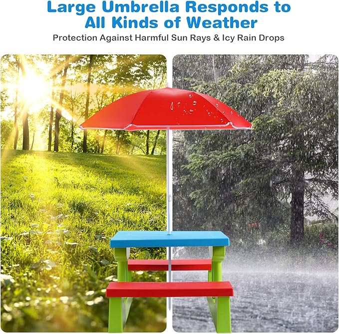 HONEY JOY Kids Picnic Table, Toddler Plastic Outdoor Table & Bench Set with Umbrella, Children Patio Furniture Set for Backyard Garden, Kids Picnic Tables for Outdoors, Gift for Boys Girls Age 3+