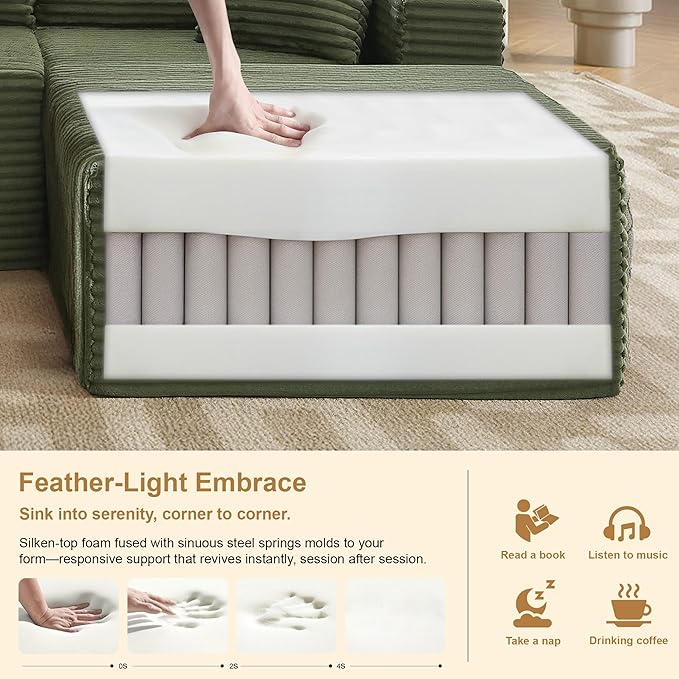 105''Sectional Cloud Couch with L Shaped Chaise,Modern Modular Sectional Sofa,Comfy Sectional Couches for Living Room,Bedroom,Apartment (Green, Right Facing Chaise)