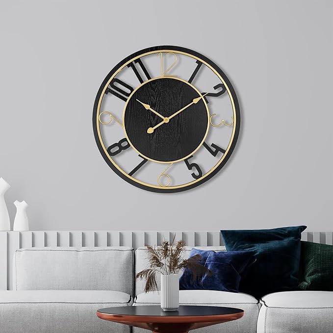 Sorbus 24-Inch Large Wall Clock – Wooden Decorative Clock for Living Room, Kitchen, Bedroom, Office – Easy to Hang Analog Wall Art (Black)