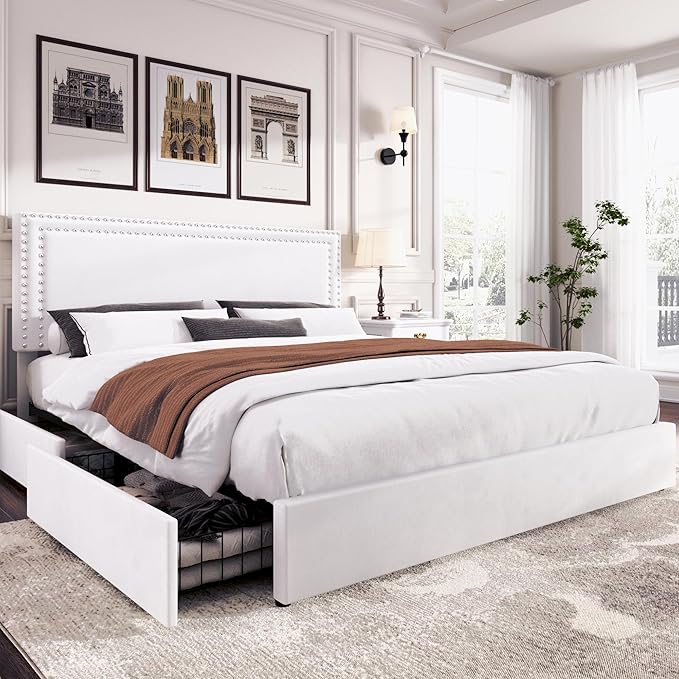 VECELO King Size Upholstered Platform Bed Frame with 4 Storage Drawers, Adjustable Velvet Rivet Decor Headboard, Wooden Slats Support, No Box Spring Needed, Easy Assembly
