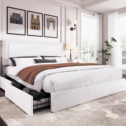 VECELO King Size Upholstered Platform Bed Frame with 4 Storage Drawers, Adjustable Velvet Rivet Decor Headboard, Wooden Slats Support, No Box Spring Needed, Easy Assembly
