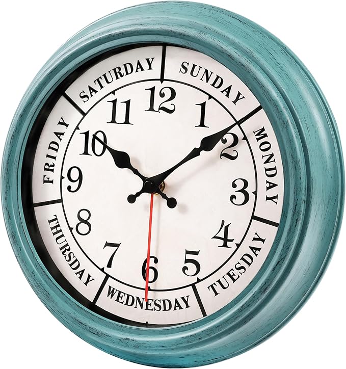 zyzamay 12 Inch Retro Wall Clock,Classic Day of The Week Wall Clock,Easy to Read,Non-Ticking Round Classic(Green)