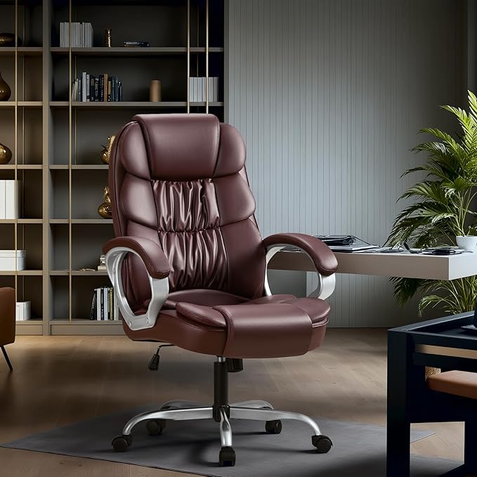 Homall Office Chair High Back Computer Chair Ergonomic Desk Chair, PU Leather Adjustable Height Modern Executive Swivel Task Chair with Padded Armrests and Lumbar Support (Brown)