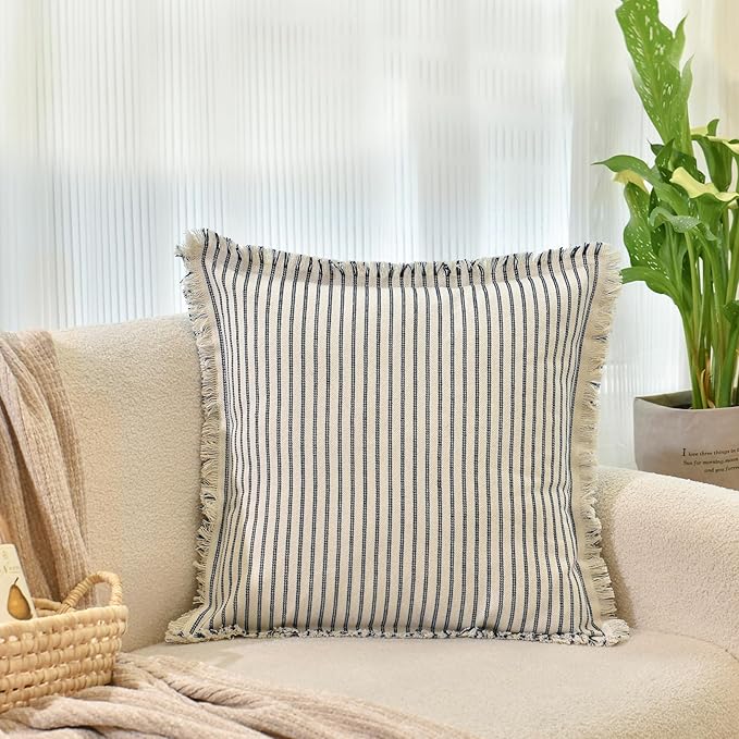 ZWJD Throw Pillow Covers 24x24 Set of 2 Striped Pillow Covers with Fringe Chic Cotton Decorative Pillows Square Cushion Covers for Sofa Couch Bed Living Room Farmhouse Decor