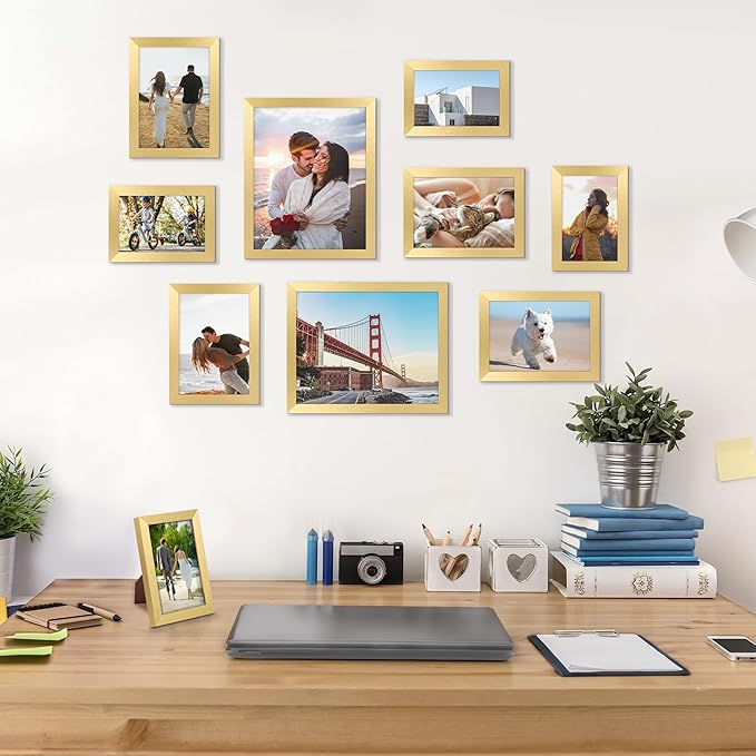 upsimples 10 Pack Picture Frames Collage Wall Decor for Mounting or Tabletop Display, Photo Gallery Frame Set for Family, Multi Sizes Including 8x10, 5x7, 4x6, Gold