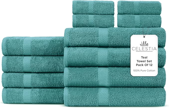 100% Cotton Bath Towel Set of 12-4 Bath Towels, 4 Hand Towels, 4 Wash Cloths, Sustainable, Soft, Highly Absorbent, Combed Cotton 12 Piece Set for Hotels, Spa, Bathroom, Dorm, Teal