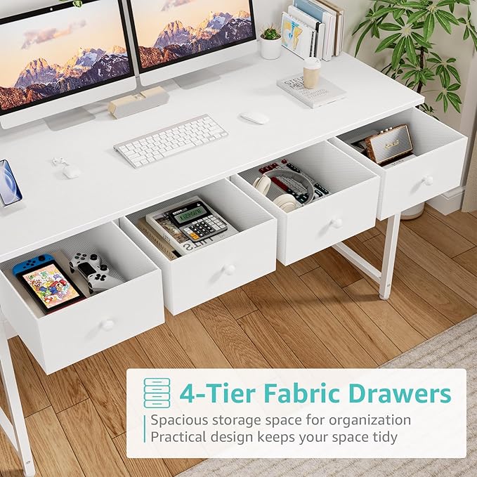 Lufeiya 47 Inch White Computer Desk with Fabric Drawers for Home Office Bedroom, Vanity Desk with Drawer Storage and Side Pouch, Study Writing Table, White
