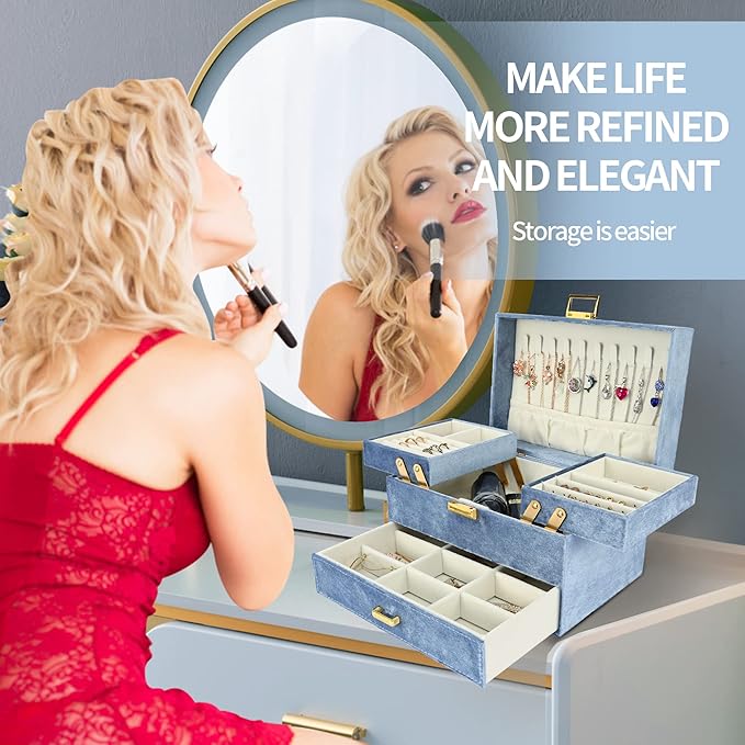 Dajasan Velvet Jewelry Boxes for Women Girls, Jewelry Organizer Box, Jewelry Storage Organizer for Rings Necklaces Bracelets Watch Earring (Blue)