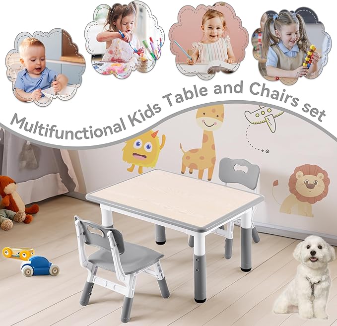 Kids Study Table and Chairs Set, Height Adjustable Toddler Table and Chair Set for Kids Ages 3-8, 31.5" L x 23.6" W Graffiti Desktop Plastic Children Art Table with 2 Seats, Grey