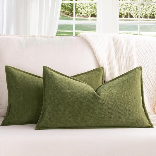 ZWJD Olive Green Pillow Covers 12x20 Set of 2 Chenille Throw Pillow Covers with Elegant Design Soft and Luxurious Decorative Throw Pillows for Couch, Bed, and Home Decor