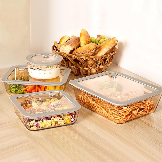 Glass Food Containers with Glass Lid, Microwave Safe Food Storage Container Set, 3 Pack, Square Shape, Food Containers with Lids, Meal Prep containers with Leak Proof Lid.