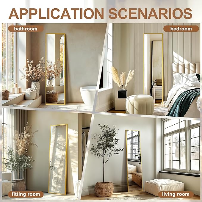 Delma Wall Mirror Full Length Mirror,Standing Mirror Full Body,Large Floor Mirror for Wall Door Bedroom Bathroom Living Room with Aluminium Frame(with Stand,Rect 56x15-Gold)