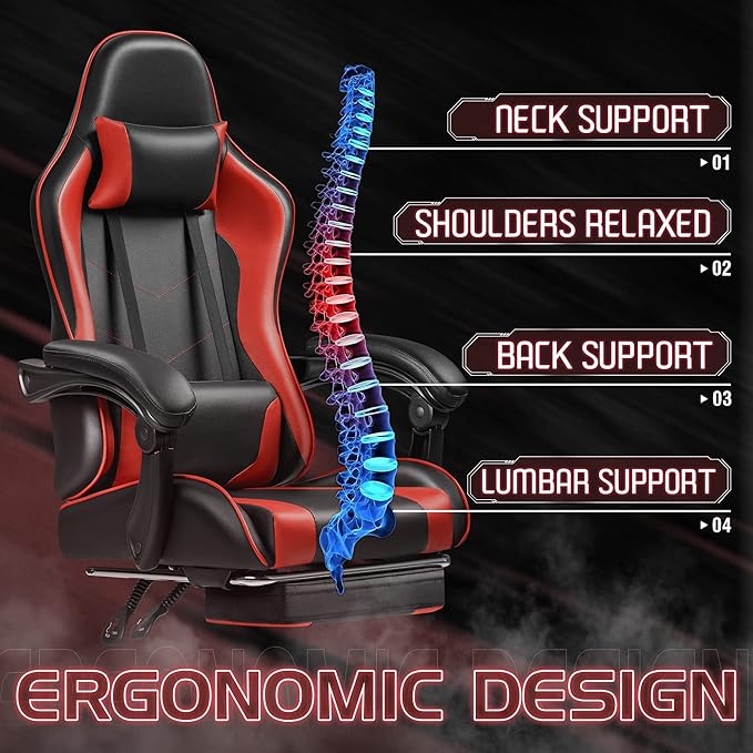 Homall Gaming Chair, Video Game Chair with Footrest and Massage Lumbar Support, Ergonomic Computer Chair Height Adjustable with Swivel Seat and Headrest (Red)