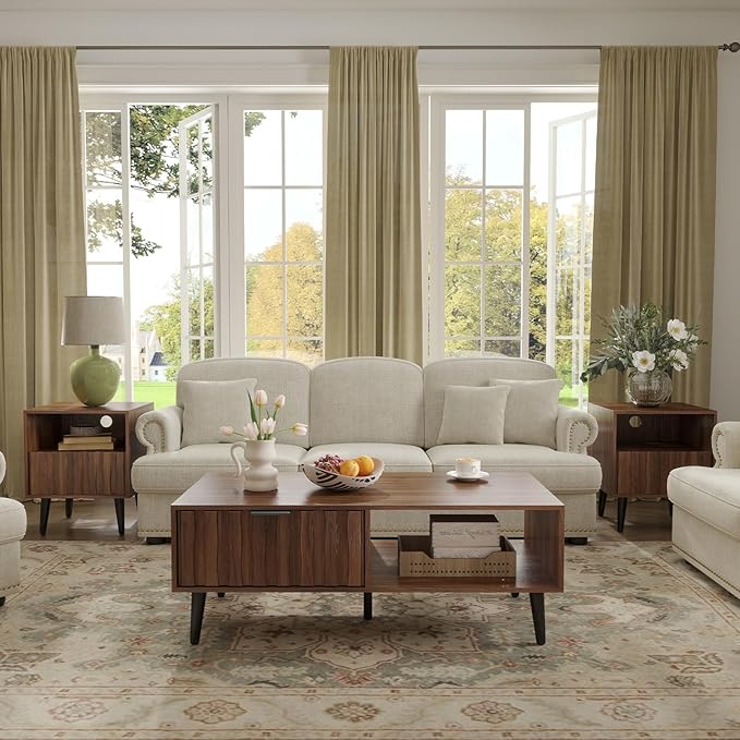 Mid Century Modern Coffee Table with Grooved Drawers & Open Storage, 47" MDF Walnut Wood Center Table with Black Solid Wood Legs, Retro Living Room Furniture