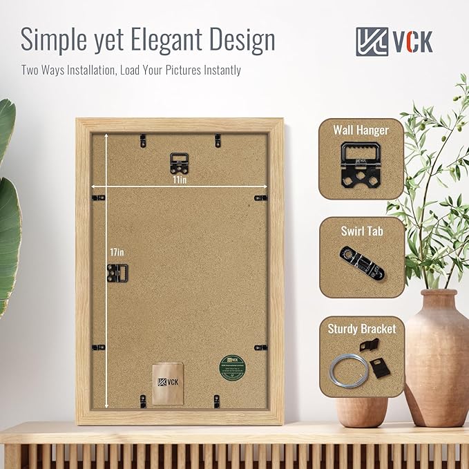 VCK 11x17 Picture Frame Set of 4 - Oak, Gallery-Quality Wood Poster Frames, 1.1-Inch Wide Border, Polished Plexiglass, Vertical or Horizontal Wall Display for Photo/Art/Prints, Natural Oak